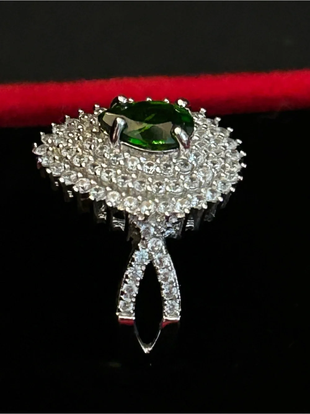 1.00CT Pear Shape Green Chrome Diopside w/1.17CT White Zircon Triple Halo Ring